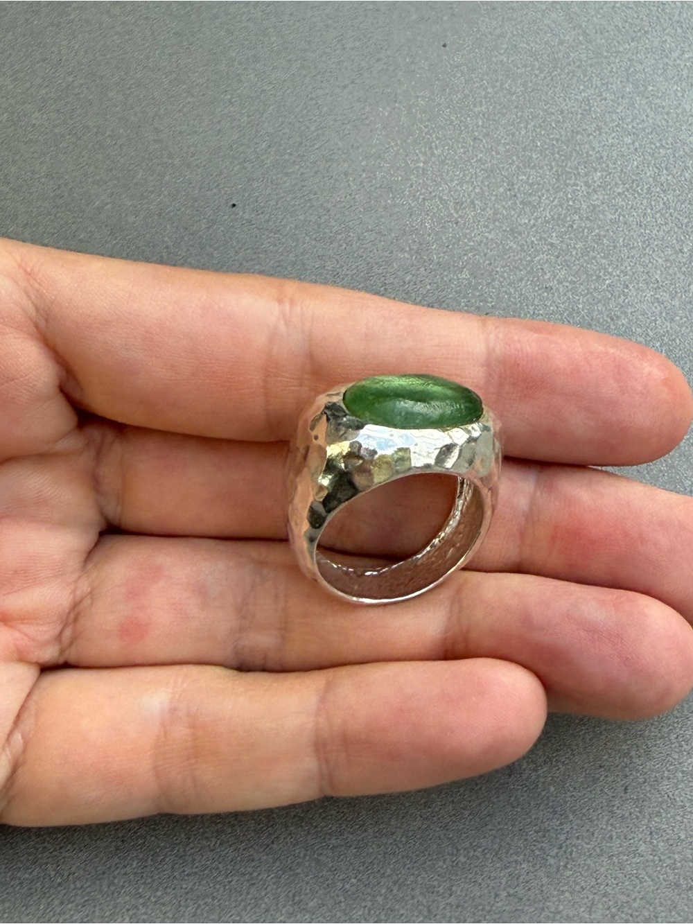 Sterling Silver Statement Ring 925 | Green Glass | Size 9-10 | Artisan Handmade - Picture 12 of 13